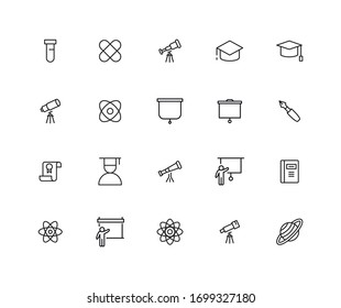 Einfache Sammlung moderner, dünner Linien-Symbole der Universität. Trendloses Design. Paket mit Strichsymbolen. Vektorillustration einzeln auf weißem Hintergrund. Symbole in Premium-Qualität.