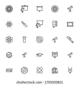 Einfache Sammlung moderner, dünner Linien-Symbole der Universität. Trendloses Design. Paket mit Strichsymbolen. Vektorillustration einzeln auf weißem Hintergrund. Symbole in Premium-Qualität.