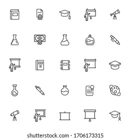 Simple set of university modern thin line icons. Trendy design. Pack of stroke icons. Vector illustration isolated on a white background. Premium quality symbols.