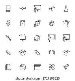 Einfache Sammlung moderner, dünner Linien-Symbole der Universität. Trendloses Design. Paket mit Strichsymbolen. Vektorgrafik einzeln auf weißem Hintergrund. Symbole in Premium-Qualität.