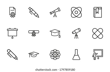Einfache Sammlung moderner, dünner Linien-Symbole der Universität. Trendloses Design. Paket mit Strichsymbolen. Vektorgrafik einzeln auf weißem Hintergrund. Symbole in Premium-Qualität.
