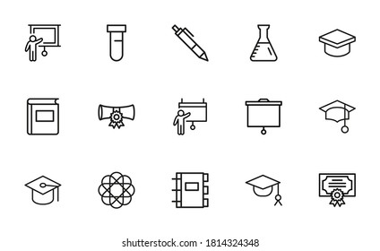 Einfache Sammlung moderner, dünner Linien-Symbole der Universität. Trendloses Design. Paket mit Strichsymbolen. Vektorgrafik einzeln auf weißem Hintergrund. Symbole in Premium-Qualität.
