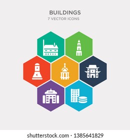 simple set of uno building, post office, chinese temple, buddhist temple icons, contains such as icons islamic cemetery, state building, moot hall and more. 64x64 pixel perfect. infographics vector