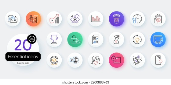 Simple set of Upper arrows, Wallet and Food time line icons. Include Takeaway coffee, Sale bags, Security statistics icons. Idea, Stress, Accounting report web elements. Payment method. Vector