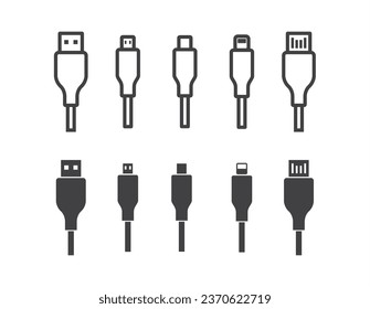 Simple set of Usb cable Icon. Usb type cable Icons. Electronic device input cable cords, internet charging wires signs, lightning micro usb types for mobile phone connector plugs. Charger smartphone 