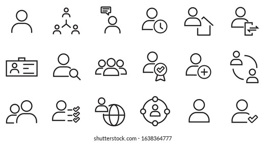 Simple set of user related vector line icons. Contains icons such as man, woman, profile, personal quality and many other good icons.