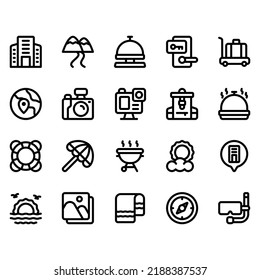conjunto simple de icono de vacaciones con estilo de línea. Contiene un icono como hotel, ruta de montaña, campana de hotel y más. Icono perfecto de píxeles. cuadrícula de 32 px. Trazo editable