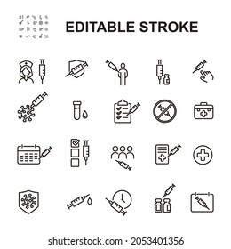 Simple Set of Vaccine Related Vector Line Icons. Contains such Icons as Warning, Medical Syringe, Quality Certificate and more. Editable Stroke. Eps 10.