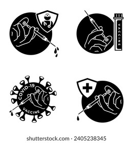 Einfache Set von Vaccine Related Vector Line Symbolen in Schwarz. Enthält Symbole wie Arzt, Spritze, Testtube, Virus, Schutz und mehr.