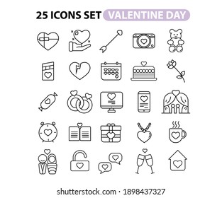 Simple Set of Valentine Love Related Vector Line Icons. Contains such Icons as Romantic Letter, Happy Couple, Gift, Broken Heart and more.