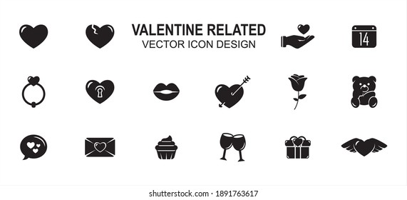 Simple Set of valentine love wedding Related style Vector icon user interface graphic design. Contains such Icons as love, heart, broken heart, give, calendar, wedding ring, heart lock, lip, cupid