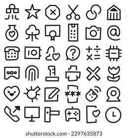 Einfache Zusammenstellung verschiedener Symbole einzeln auf weißem Hintergrund.Enthält Kamera, Telefon, Magnet, Herz, Joystick, Diamant, Ball, Vektorgrafik10