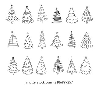 Simple Set of various lagom firs with hatching style. Hand-drawn Christmas trees. Vector ink element for cards, stamps, banners and your creativity