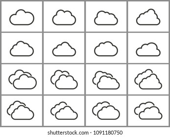 Simple set vector cloud icon in thin line style. Illustrations isolated for graphic and web design.