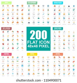 Simple set of vector flat icons. Contains such Icons as Bakery, Pets, Veterinary, Drinking, Fruit and Vegetable, Garden Flowers, Fastfood, Hanukah. Flat pictogram pack. 48x48 Pixel Perfect.