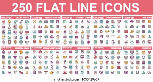 Simple set of vector flat line icon. Contains such Icons as Creative Process, Business Analytics, Finance, E-Commerce, SEO, Medicine and Healthcare, Social Media and more. Linear pictogram pack.