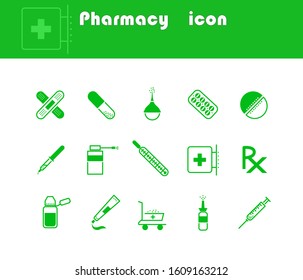 A simple set of vector icons associated with a pharmacy. Contains tools such as ointment, spray, recipe, syrup and more.