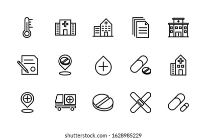 A simple set of vector icons associated with a hospital. Contains icons such as, car, thermometer, hospitals, tablets, patches, geolocation, and more. Editable Stroke. 48x48 pixels.