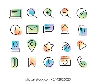 Simple set of vector icons on the theme of web and app. Black dotted lines and colorful modern gradient on a white background. Letter, search, message and more.