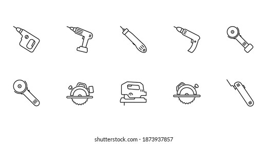 A simple set of vector icons on the theme of repair and construction. The tools presented are drill hammer drill screwdriver renovator jigsaw saw.