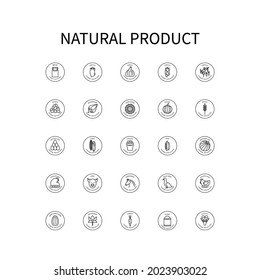 Simple Set Of Vector Icons On Theme Natural Products. Milk, Garlic, Meat, Lentils, Sunflower, Pumpkin, Corn, Potatoes, Flour, Carrots, Eggs, Seeds and others are depicted. Vector sign in a simple
