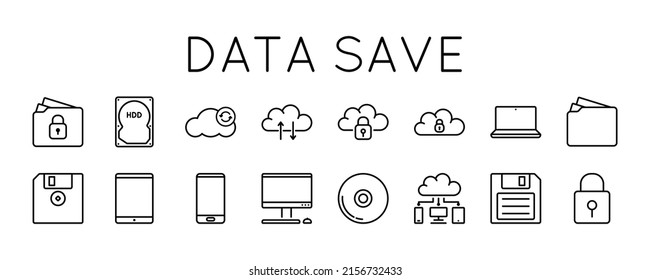 Simple Set Vector Icons on topic Data Storage. Icons such as Hard disk, CD, Cloud storage, Floppy disk, Folder, Computer, Phone, Tablet are presented.