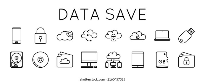 Configuración simple de iconos vectores en el tema Almacenamiento de datos. Se presentan iconos como el equipo, la carpeta en la nube, la tarjeta Flash, el disco flexible, el disco, el portátil, la sincronización. Fabricado en estilo moderno lineal negro aislado