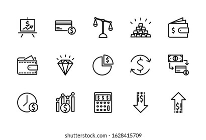 A simple set of vector icons related to money. Contains icons such as, financial education, income growth, gold, cards, payment in parts, stock exchange, and more. Editable Stroke. 48x48 pixels.