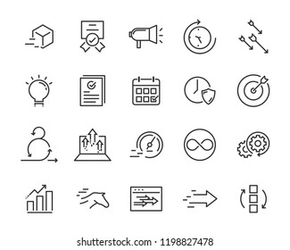 Simple Set Of Vector Line Icons, Contain Such Lcon As Speed, Agile, Boost, Process, Time And More