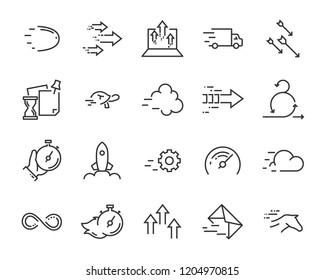 conjunto simple de iconos de línea vectorial, contienen lcon como velocidad, impulso, proceso, tiempo y más