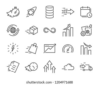 simple set of vector line icons, contain such lcon as speed, boost, process, time and more