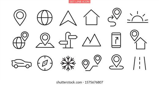A simple set of vector line icons associated with a route. Contains icons such as Map with Pin, Route Map, Navigator,
