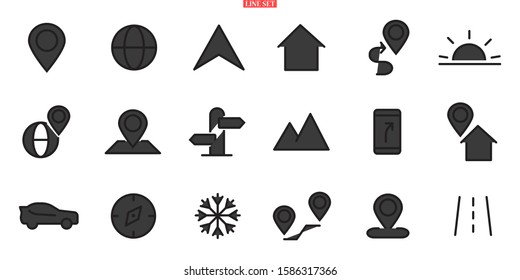 A simple set of vector line icons associated with a route. Contains icons such as Map with Pin, Route Map, Navigator,