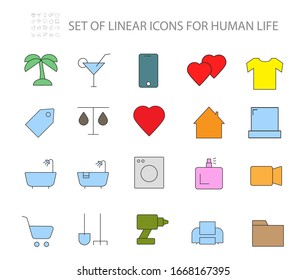 Simple set of vector line icons for human life. Contains icons such as: palm, phone, shovel, perfume, heart, t-shirt, house, bathroom, laptop, washing machine, basket, drill, printer, file 10 eps