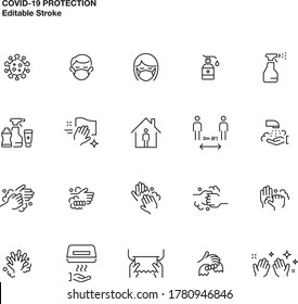 Simple set of vector line icons related to preventative measures for the Coronavirus, such as hand washing, social distancing, antiseptics and face masks. The strokes are editable