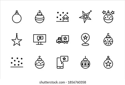 A simple set of vector line icons associated with the new year. Contains icons such as: toys, snow, car, phone, stars, and more. Editable Stroke. 48x48 pixels is perfect.