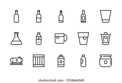 A simple set of vector line icons associated with a container. Contains icons such as: glass, bottle, box, jar, container, barrel, bucket, and more. Editable Stroke. 48x48 pixels is perfect.