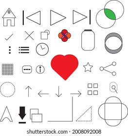 A simple set of vector line icons with music icons, heart, arrows, clock, and many important icons