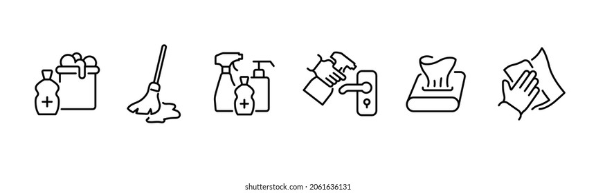 Simple set of vector line icons related to disinfection and cleaning. It contains such icons, Disinfectant, Spray and much more. Editable Stroke.