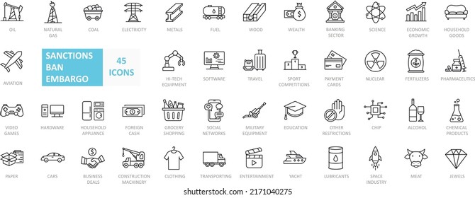 Iconos simples de la línea vectorial relacionados con sanciones, prohibición, embargo, boicot y otras restricciones. Ilustración del vector 