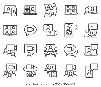 Ein einfacher Satz von Vektorlinien-Symbolen für Videokonferenzen. Enthält Symbole wie Gruppen-Chat, 360-Kamera, Videoanruf und mehr. Bearbeitbarer Strich.