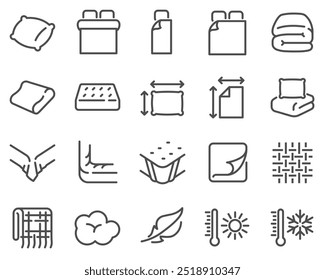 Simple set of vector line icons, borders with bed linen. Contains such icons as blanket, single and double bed, weather conditions. Editable stroke.
