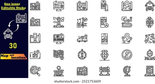 Simple set of vector line icons, including icons such as map with pin, route map, navigator, direction, location, and more. Editable stroke icons.