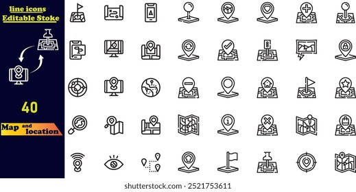 Simple set of vector line icons, including icons such as map with pin, route map, navigator, direction, location, and more. Editable stroke icons.