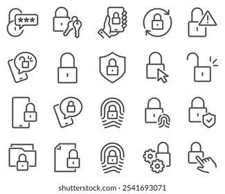 A simple set of vector line icons related to locks. Contains icons such as locked document, fingerprint, padlock and more. Editable stroke.