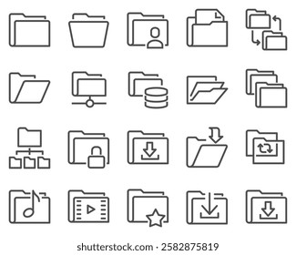 A simple set of vector line icons related to folders. Contains icons such as repository, sync, network folder and more. Editable stroke.