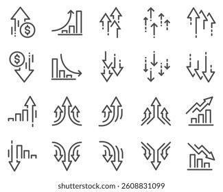 A simple set of vector line icons related to zoom in and zoom out. Contains icons such as financial chart, abstract chart, trend and more.