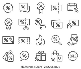 A simple set of vector line icons related to discount. Contains icons such as coupon, ribbon with percent sign, discount code and more