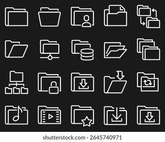 A simple set of vector line icons related to folders. Contains icons such as repository, sync, network folder and more