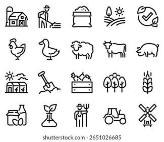 Simple set of vector line icons related to agriculture. Contains barn, livestock, tree garden and more.